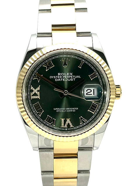 Rolex Datejust 36 126233 in Edelstahl und Gelbgold mit olivfarbenem Zifferblatt, Diamant-Ziffern, römischen Ziffern und Oyster-Armband.