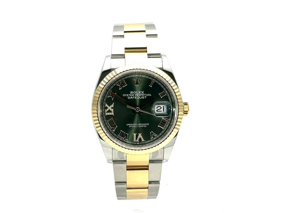 Rolex Datejust 36 126233 in Edelstahl und Gelbgold mit olivfarbenem Zifferblatt und Diamanten, geriffelte Lünette, Oyster Armband