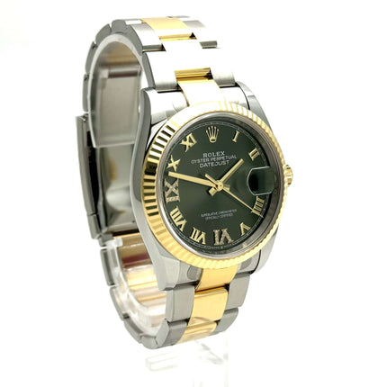 Rolex Datejust 36 Edelstahl-Gelbgold 126233, olivgrünes Zifferblatt mit Diamanten, römische Zahlen, geriffelte Lünette, Oyster-Armband.