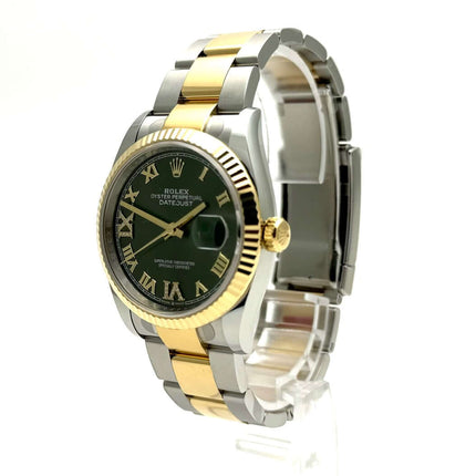 Rolex Datejust 36 Edelstahl Gelbgold 126233 Olives Zifferblatt, römische Diamantzahlen, Oyster Armband, 18 kt Gelbgold Lünette.