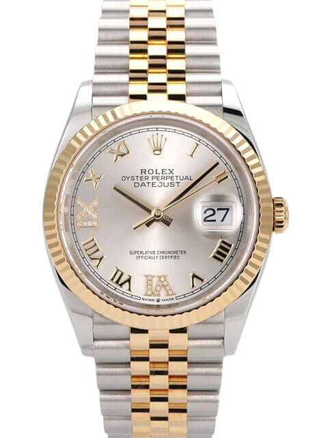 Rolex Datejust 36 Ref. 126233 mit silbernem Zifferblatt, Diamanten und Jubilé Armband aus Edelstahl und Gelbgold.