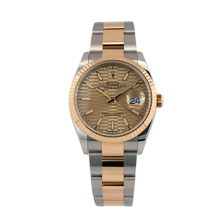 Rolex Datejust 36 Ref. 126233 aus Oystersteel und Gelbgold mit goldenem Riffelmuster-Zifferblatt, Edelstahl-/Gelbgold-Oysterarmband, 36mm Gehäuse.