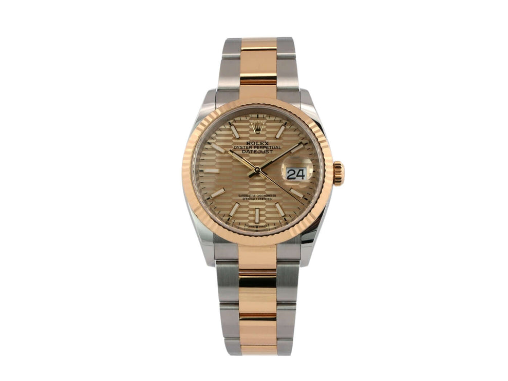 Rolex Datejust 36 Ref. 126233 aus Oystersteel und Gelbgold mit goldenem Riffelmuster-Zifferblatt, Edelstahl-/Gelbgold-Oysterarmband, 36mm Gehäuse.