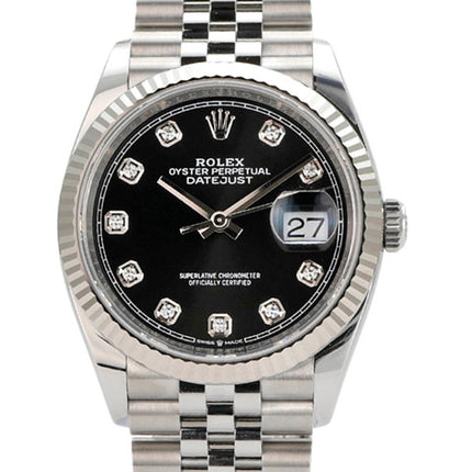 Rolex Datejust 36 aus Oystersteel mit schwarzem Zifferblatt, 10 Diamanten und Jubile-Band, Ref. 126234.