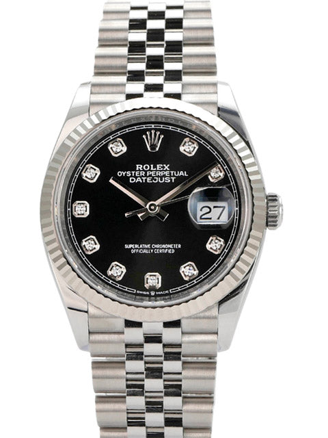 Rolex Datejust 36 aus Oystersteel mit schwarzem Zifferblatt, 10 Diamanten und Jubile-Band, Ref. 126234.