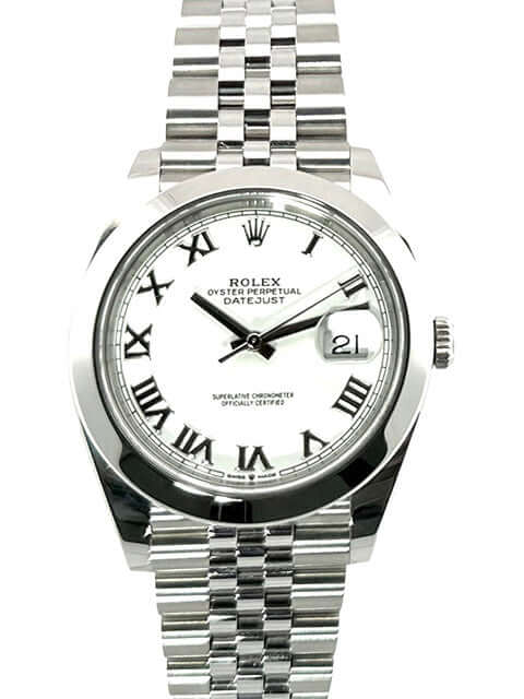 Rolex Datejust 41 Ref. 126300 Oystersteel mit weißem Zifferblatt, römischen Ziffern und Jubilee-Band aus poliertem Edelstahl.