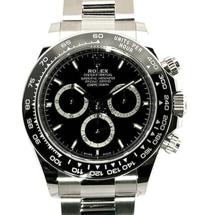 Rolex Daytona Edelstahl 126500LN mit schwarzem Zifferblatt und Oyster Edelstahl Armband, Keramik Lünette, Leuchtzeiger, und Tachymeterskala.