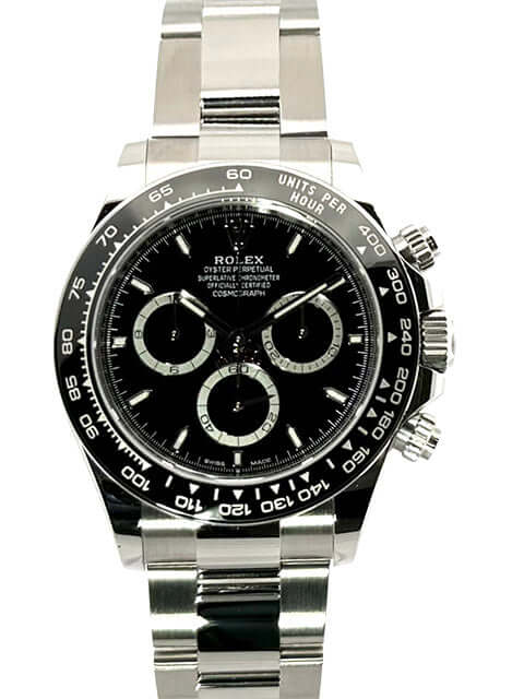 Rolex Daytona Edelstahl 126500LN mit schwarzem Zifferblatt und Oyster Edelstahl Armband, Keramik Lünette, Leuchtzeiger, und Tachymeterskala.