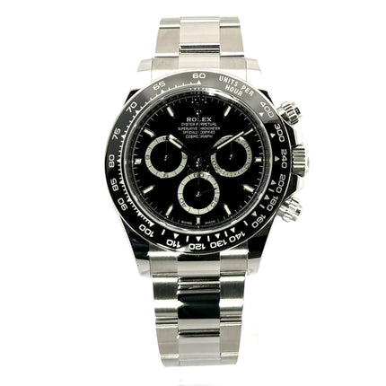 Rolex Daytona Edelstahl Ref. 126500LN mit schwarzem Zifferblatt und Oyster Edelstahl Armband, Tachymeter-Lünette aus Keramik.