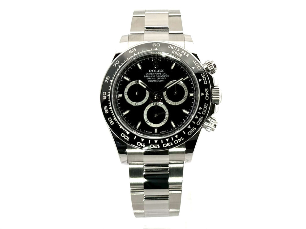 Rolex Daytona Edelstahl Ref. 126500LN mit schwarzem Zifferblatt und Oyster Edelstahl Armband, Tachymeter-Lünette aus Keramik.