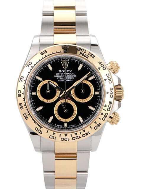 Rolex Daytona Edelstahl und Gelbgold 126503 mit schwarzem Zifferblatt und Tachymeterskala, poliert und satiniert.