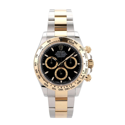 Rolex Daytona Edelstahl Gelbgold 126503 mit schwarzem Zifferblatt und Tachymeterskala, 40 mm Gehäuse.