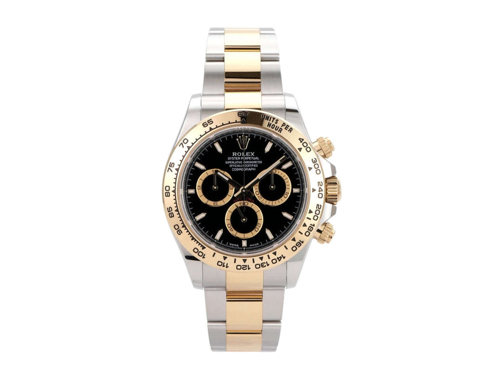 Rolex Daytona Edelstahl Gelbgold 126503 mit schwarzem Zifferblatt und Tachymeterskala, 40 mm Gehäuse.