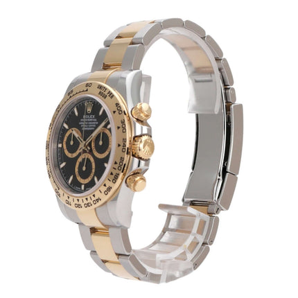 Rolex Daytona 126503 Edelstahl Gelbgold, schwarzes Zifferblatt, poliertes Armband, chronographische Uhr.