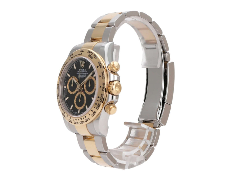 Rolex Daytona 126503 Edelstahl Gelbgold, schwarzes Zifferblatt, poliertes Armband, chronographische Uhr.