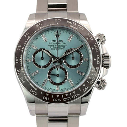 Rolex Daytona Platin 126506 mit eisblauem Zifferblatt und Diamanten, platinpoliertes Oyster-Armband, Tachymeterskala, Automatik.