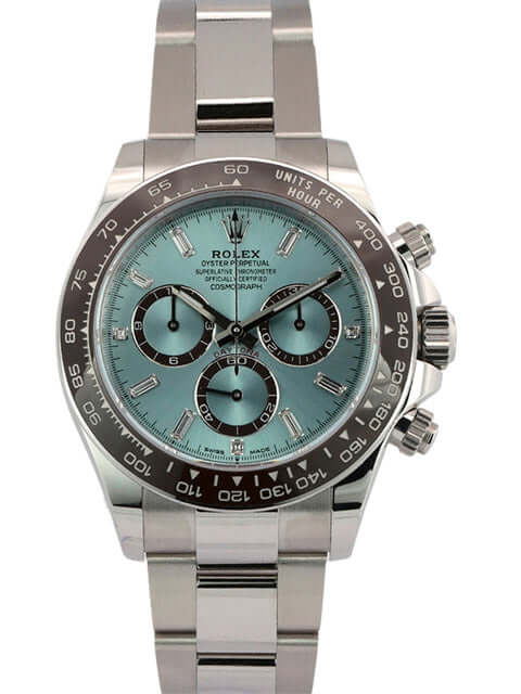 Rolex Daytona Platin 126506 mit eisblauem Zifferblatt und Diamanten, platinpoliertes Oyster-Armband, Tachymeterskala, Automatik.