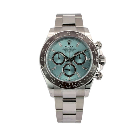 Rolex Daytona Platin 126506 mit eisblauem Zifferblatt und Diamanten, poliertes Platingehäuse und Keramik Lünette, Oyster Armband