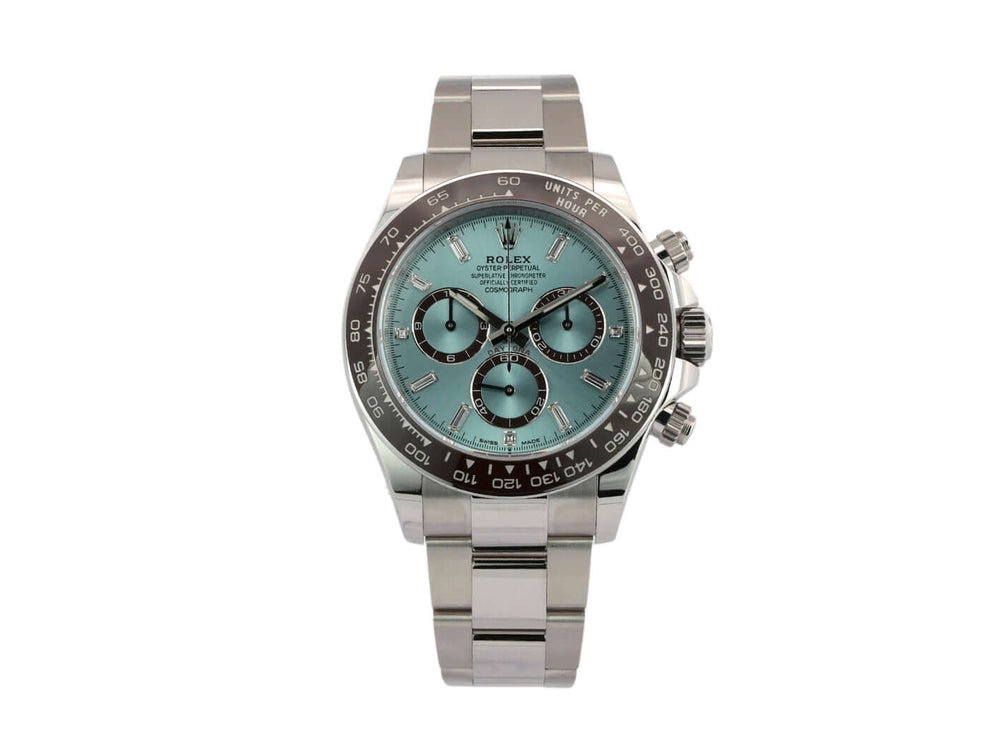 Rolex Daytona Platin 126506 mit eisblauem Zifferblatt und Diamanten, poliertes Platingehäuse und Keramik Lünette, Oyster Armband