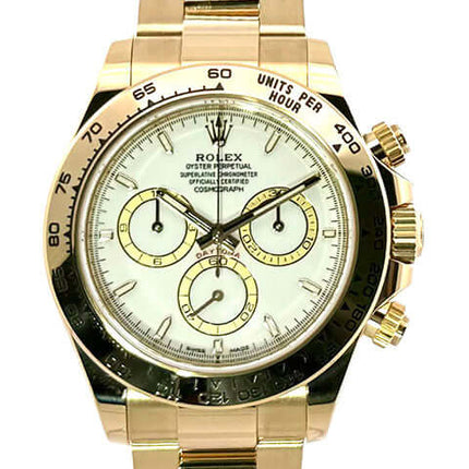 Rolex Cosmograph Daytona Gelbgold 126508 Weiß mit 18 kt Gelbgold Gehäuse und Armband, weißes Zifferblatt, Tachymeter-Lünette, Automatikwerk.