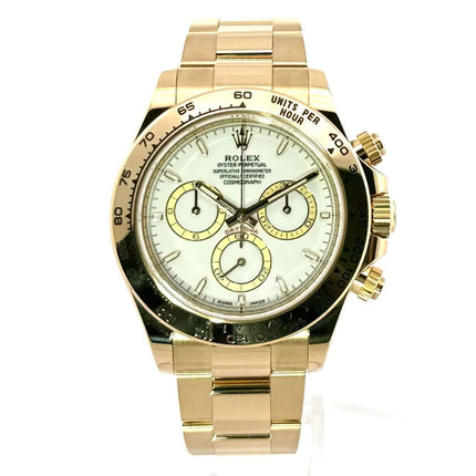 Rolex Cosmograph Daytona 126508 Gelbgold mit weißem Zifferblatt und Tachymeterskala, 40 mm Gehäuse, 18 kt Gelbgold Armband.