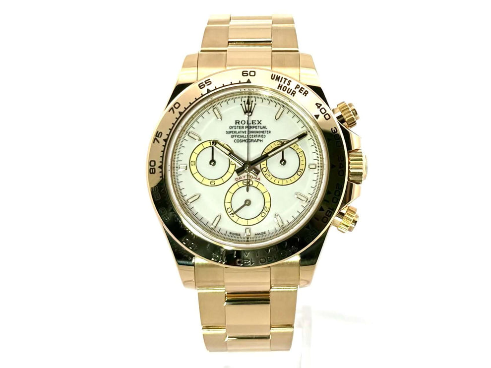 Rolex Cosmograph Daytona 126508 Gelbgold mit weißem Zifferblatt und Tachymeterskala, 40 mm Gehäuse, 18 kt Gelbgold Armband.