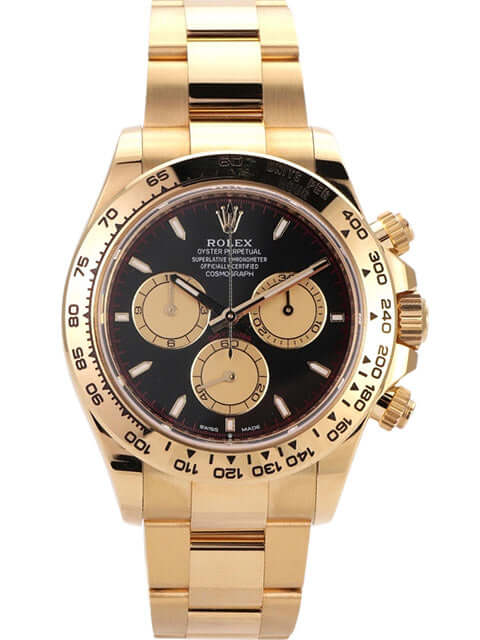 Rolex Daytona Gelbgold 126508 mit schwarzem Zifferblatt und champagnerfarbenen Totalisatoren.