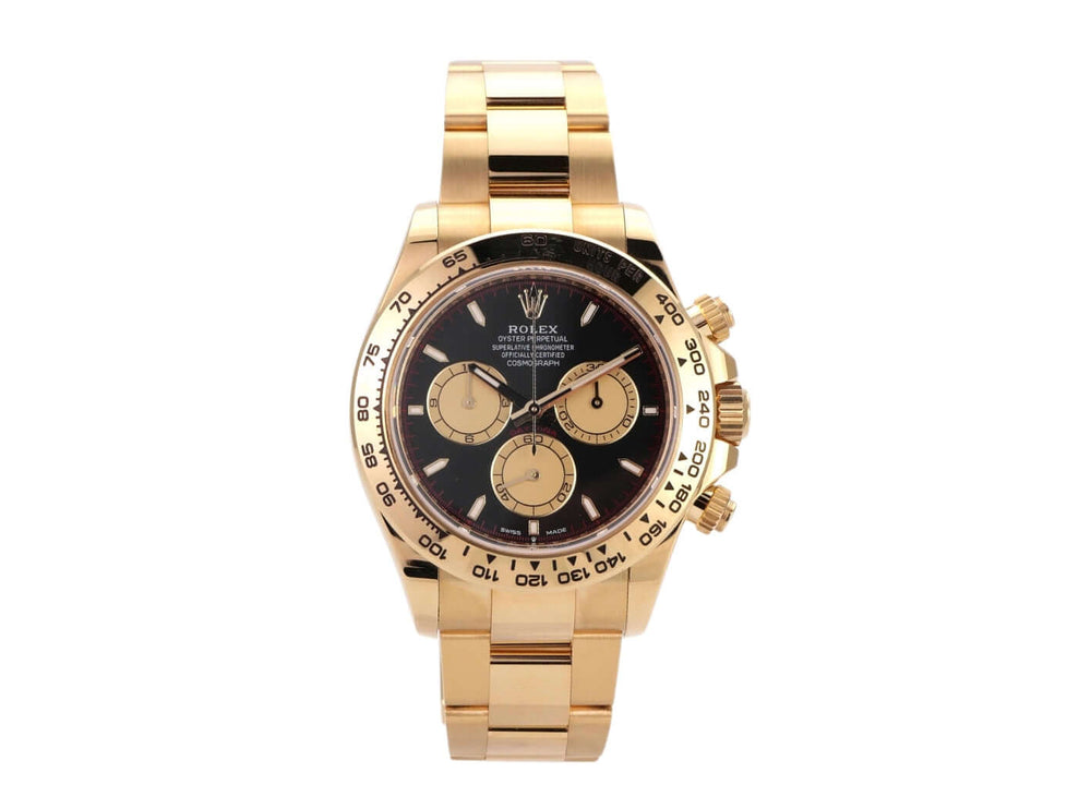 Rolex Daytona Gelbgold 126508 mit schwarzem Zifferblatt und champagnerfarbenen Totalisatoren auf glänzendem Armband.