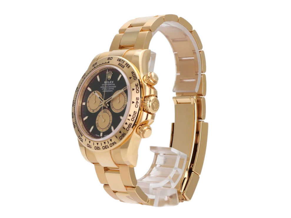 Rolex Daytona Gelbgold 126508 mit schwarzem Zifferblatt und champagnerfarbenen Totalisatoren