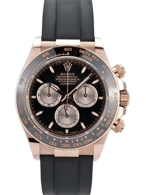 Rolex Daytona Everose-Gold 126515LN mit schwarzem Zifferblatt und Oysterflex-Armband.