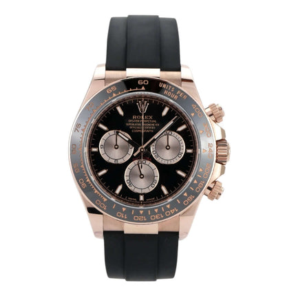 Rolex Daytona Everose-Gold 126515LN mit schwarzem Zifferblatt und Oysterflex-Armband, 40 mm Gehäuse.