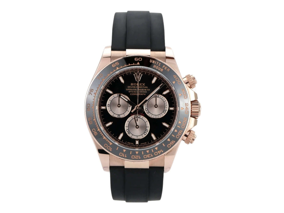 Rolex Daytona Everose-Gold 126515LN mit schwarzem Zifferblatt und Oysterflex-Armband, 40 mm Gehäuse.