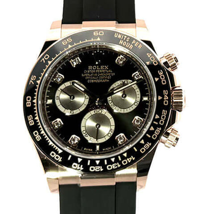 Rolex Daytona Everose-Gold 126515LN, schwarzes Diamantzifferblatt, Keramik Lünette, schwarzes Oysterflex-Armband, luxuriöse Uhr.