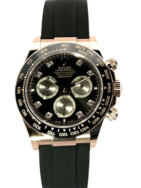 Rolex Daytona Everose-Gold 126515LN, schwarzes Diamantzifferblatt, Keramik Lünette, schwarzes Oysterflex-Armband, luxuriöse Uhr.