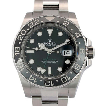 Rolex GMT Master II Edelstahl 126710GRNR, Edelstahlgehäuse, schwarze Keramik-Lünette, schwarzes Zifferblatt, Oyster-Armband, 40 mm Gehäusedurchmesser