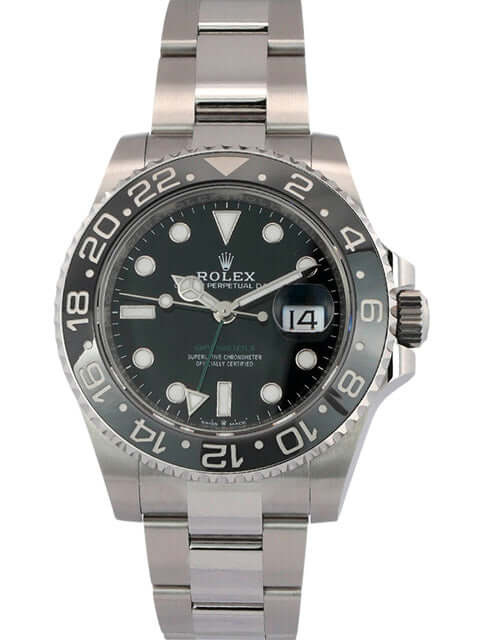 Rolex GMT Master II Edelstahl 126710GRNR, Edelstahlgehäuse, schwarze Keramik-Lünette, schwarzes Zifferblatt, Oyster-Armband, 40 mm Gehäusedurchmesser