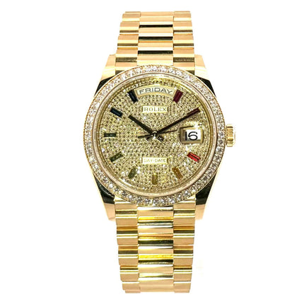 Rolex Day-Date 36 Gelbgold 128348RBR mit Diamantpave, 36 mm Gehäuse, Präsident Armband aus 18 kt Gelbgold, luxuriöse Automatikuhr