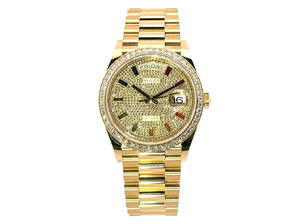 Rolex Day-Date 36 Gelbgold 128348RBR mit Diamantpave, 36 mm Gehäuse, Präsident Armband aus 18 kt Gelbgold, luxuriöse Automatikuhr