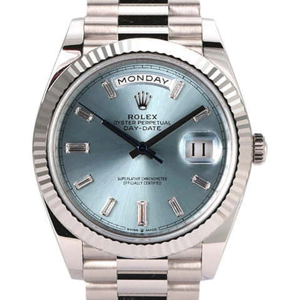 Rolex Day-Date 40 Platin 228236 mit eisblauem Zifferblatt und Diamanten, Platingehäuse und Präsident Armband