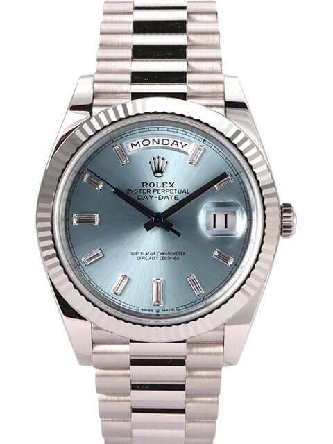 Rolex Day-Date 40 Platin 228236 mit eisblauem Zifferblatt und Diamanten, Platingehäuse und Präsident Armband