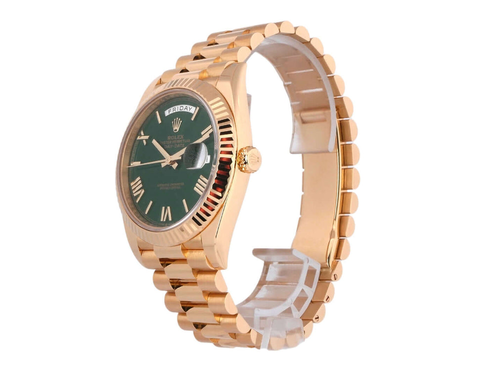 Rolex Day-Date 40 Gelbgold 228238 mit grünem Zifferblatt und römischen Ziffern auf Präsident Armband, Seitenansicht