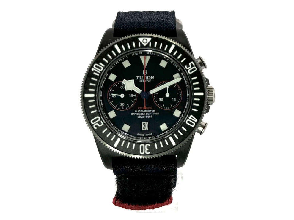 Tudor Pelagos FXD Chrono M25807KN-0001 Alinghi Red Bull Racing Edition Uhr mit schwarzer Lünette und blauem Textilband