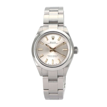 Rolex Oyster Perpetual 28 Ref. 276200 mit silbernem Zifferblatt und Edelstahlarmband, poliert und satiniert.