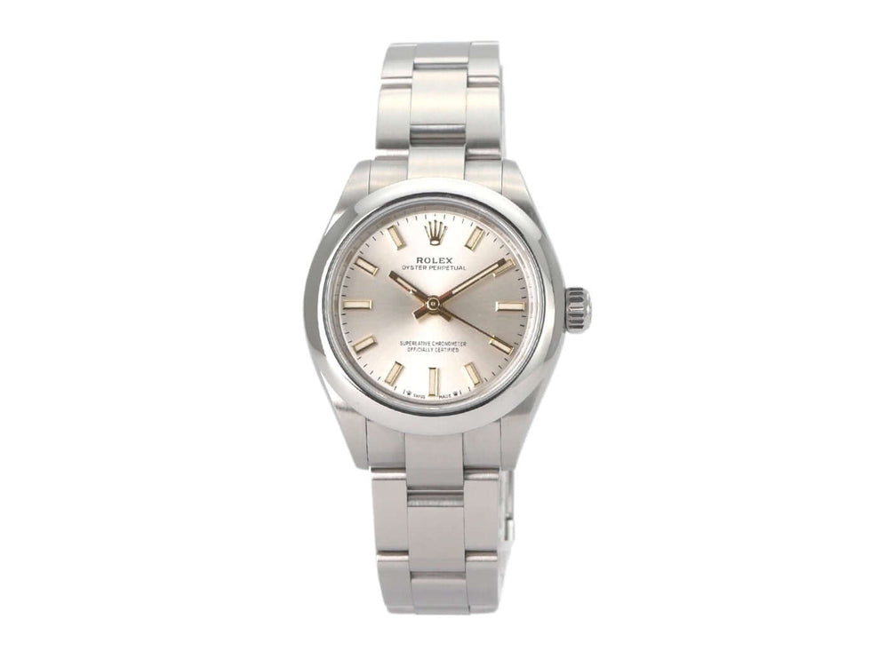 Rolex Oyster Perpetual 28 Ref. 276200 mit silbernem Zifferblatt und Edelstahlarmband, poliert und satiniert.