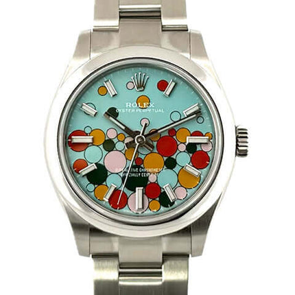 Rolex Oyster Perpetual 31 Ref. 277200 Türkisblau Celebration mit Edelstahlgehäuse und türkisblauem Zifferblatt mit buntem Design