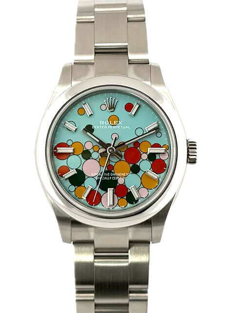 Rolex Oyster Perpetual 31 Ref. 277200 Türkisblau Celebration mit Edelstahlgehäuse und türkisblauem Zifferblatt mit buntem Design