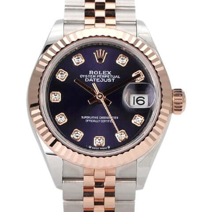 Rolex Datejust 28, Edelstahl und Everose-Gold, auberginefarbenes Zifferblatt, Diamanten, Jubile-Armband, Ref. 279171.