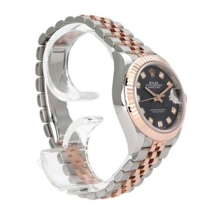 Rolex Datejust 28 Edelstahl und Everose-Gold Armbanduhr mit auberginefarbenem Diamantzifferblatt und Jubile-Armband.