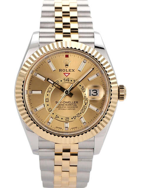 Rolex Sky-Dweller 326933 mit champagnerfarbenem Zifferblatt und Jubile-Band aus Edelstahl und Gelbgold.