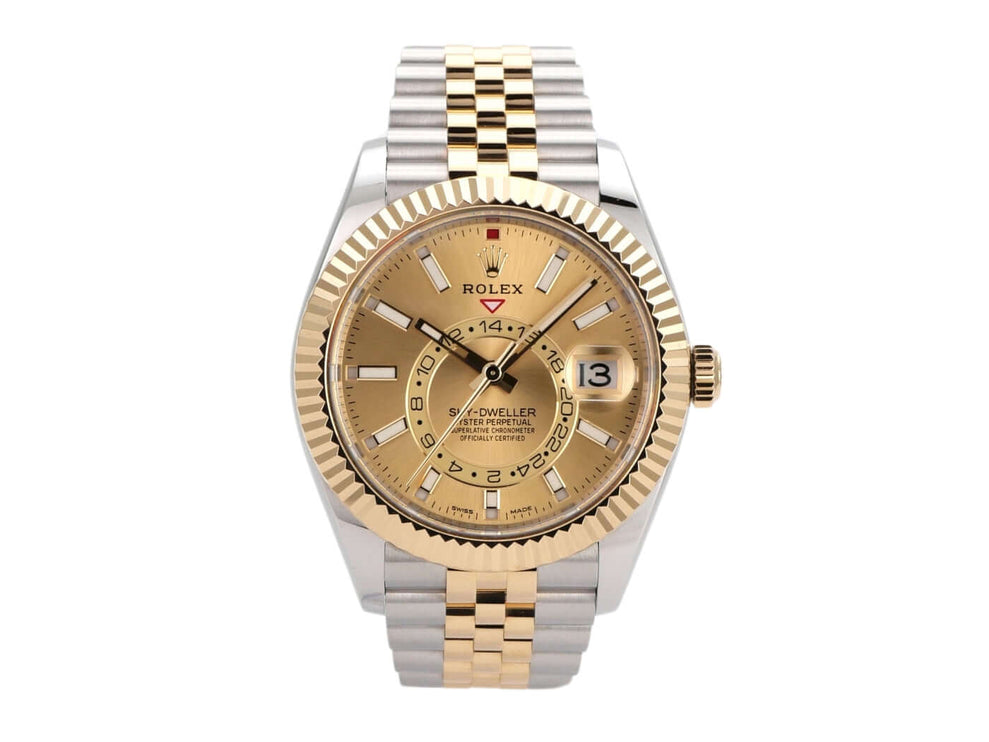 Rolex Sky-Dweller 326933 mit Champagner Zifferblatt, Jubile-Band aus Edelstahl und Gelbgold, 42mm Gehäusedurchmesser.